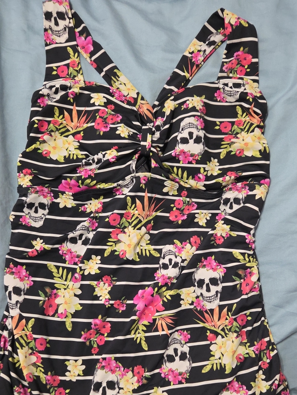torrid Black Floral Skull Stripe Swim Top